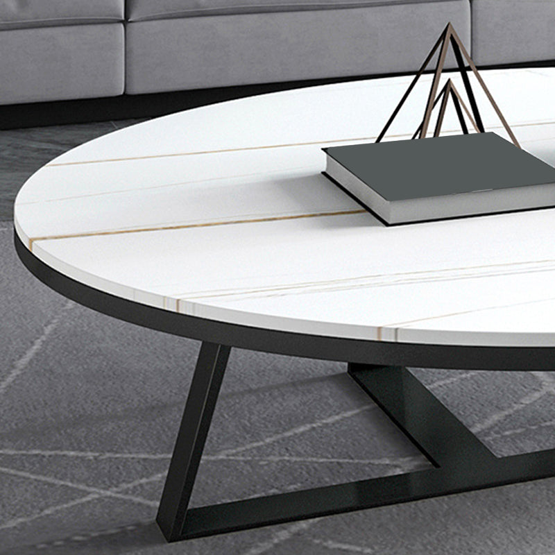 Glam Oval Stone Top Coffee Table with Iron Cross Base 17.71" High