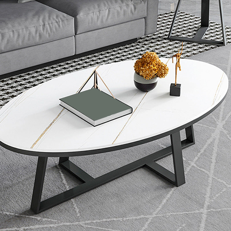 Glam Oval Stone Top Coffee Table with Iron Cross Base 17.71" High