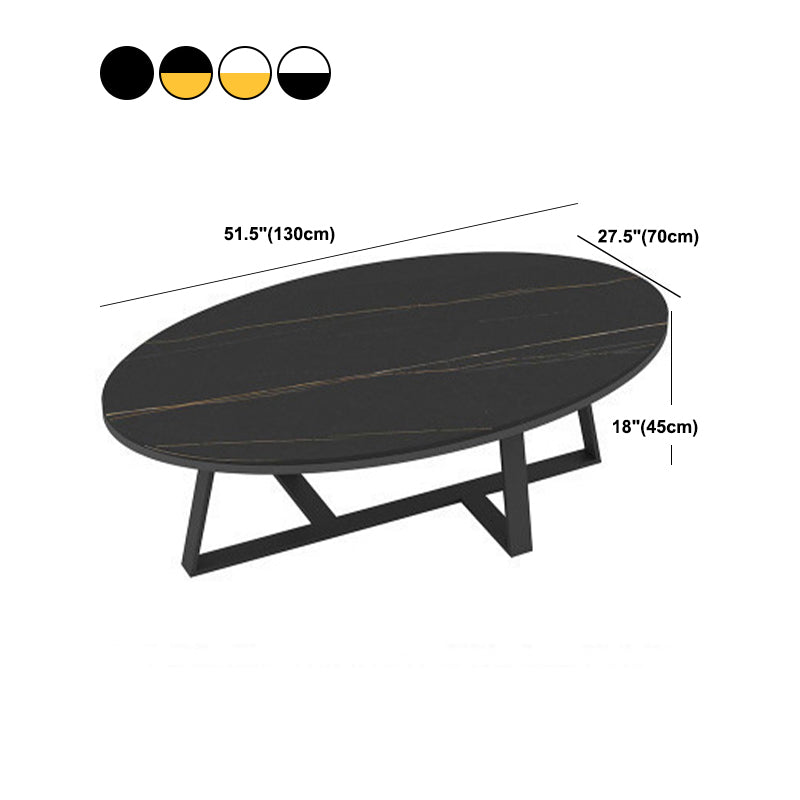 Glam Oval Stone Top Coffee Table with Iron Cross Base 17.71" High