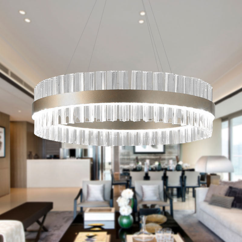 16"/24"/32" Wide Round Pendant Lighting Modern Clear Crystal 1 Light Gold Hanging Lamp in Warm/White Light for Dining Room