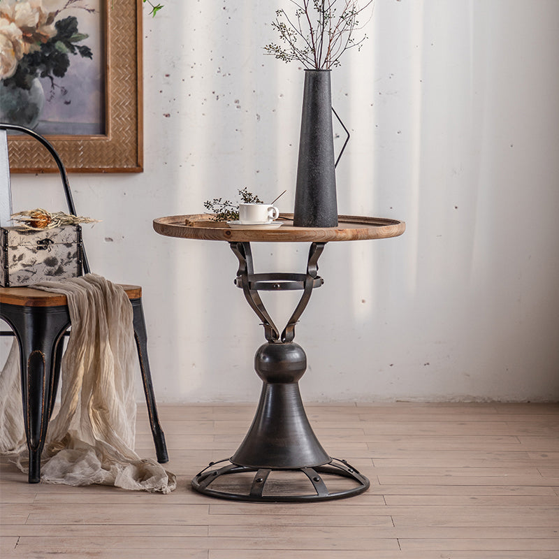 French Country Style Round Wood Top Side Table Iron Pedestal End Table