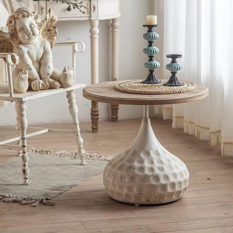 French Country Style Round Wood Top Side Table Iron Pedestal End Table