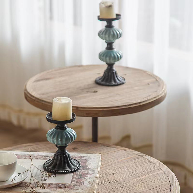 French Country Style Round Wood Top Side Table Iron Pedestal End Table