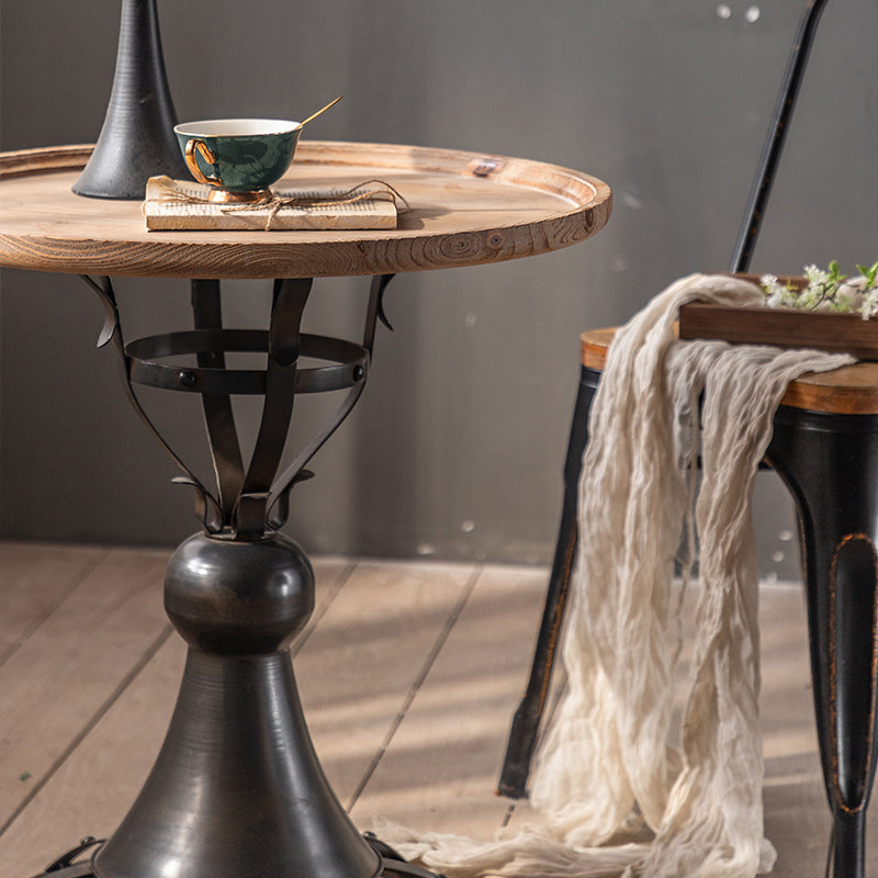 French Country Style Round Wood Top Side Table Iron Pedestal End Table