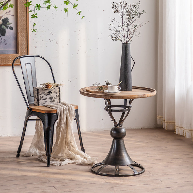 French Country Style Round Wood Top Side Table Iron Pedestal End Table
