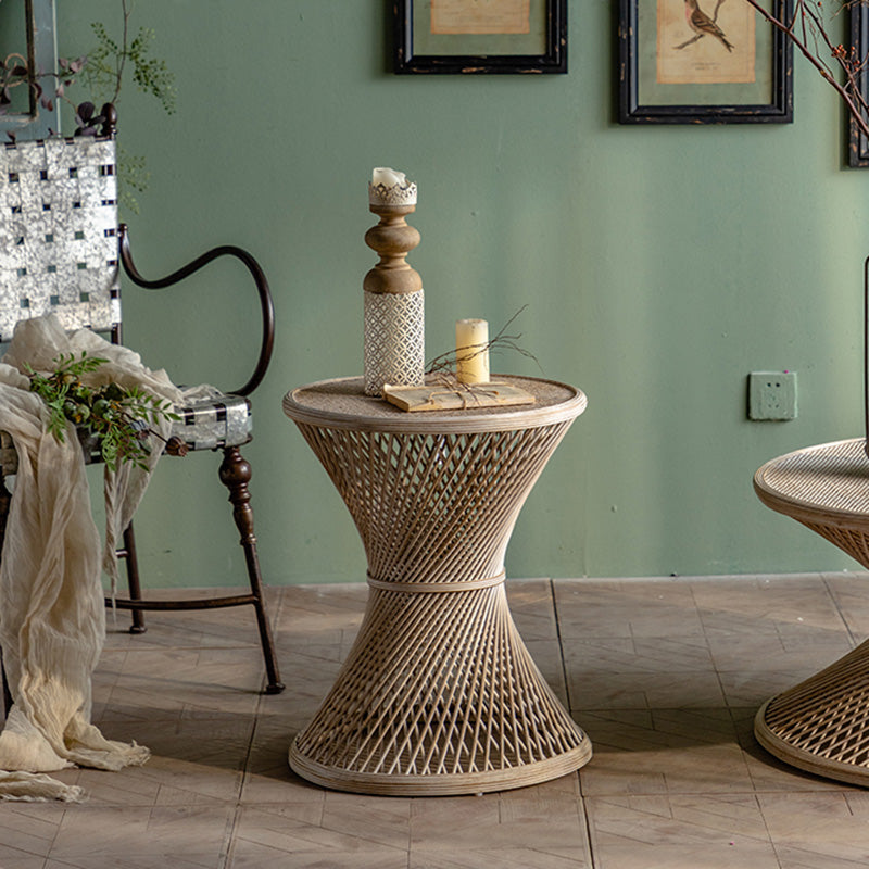 Round Rattan Top Side Table 16.53" /22.05" Tall Wood Pedestal End Table
