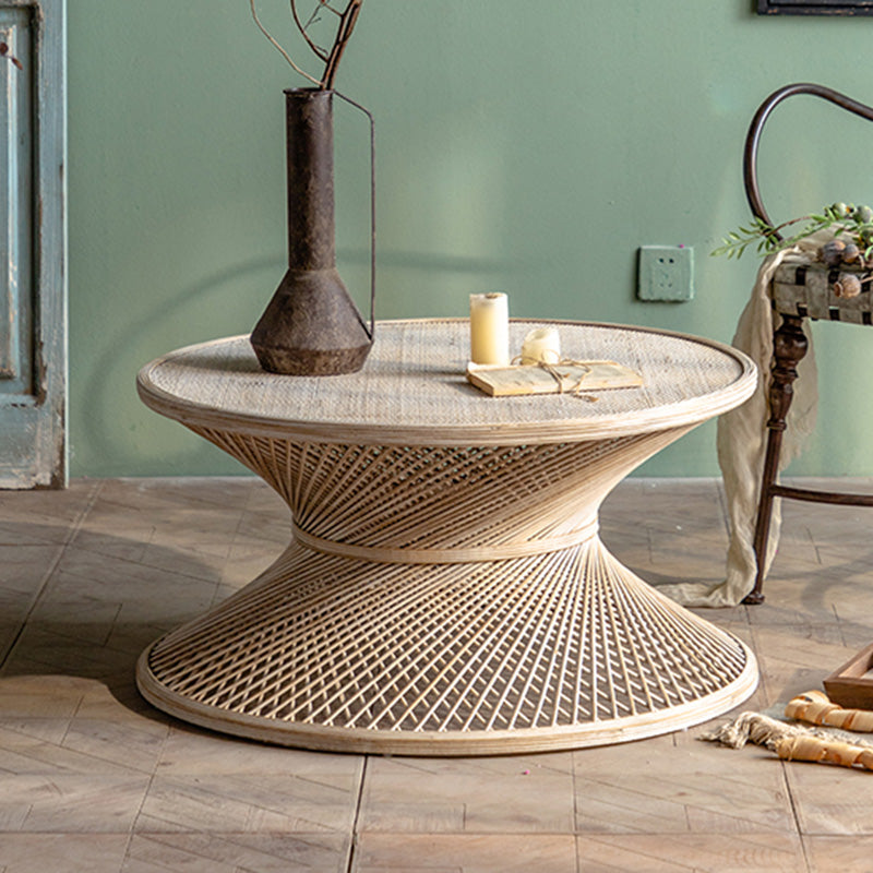 Round Rattan Top Side Table 16.53" /22.05" Tall Wood Pedestal End Table