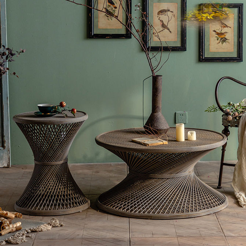 Round Rattan Top Side Table 16.53" /22.05" Tall Wood Pedestal End Table