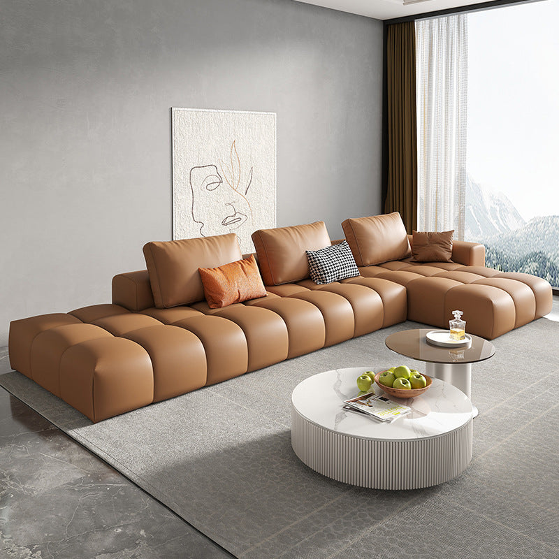 Nordic Genuine Leather Square Arm Stationary Living Room Sofa Chaise