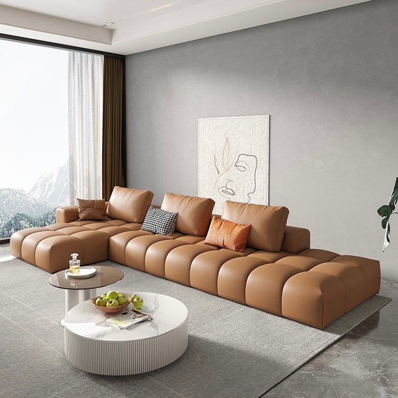 Nordic Genuine Leather Square Arm Stationary Living Room Sofa Chaise