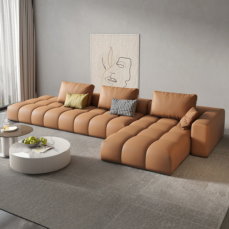 Nordic Genuine Leather Square Arm Stationary Living Room Sofa Chaise