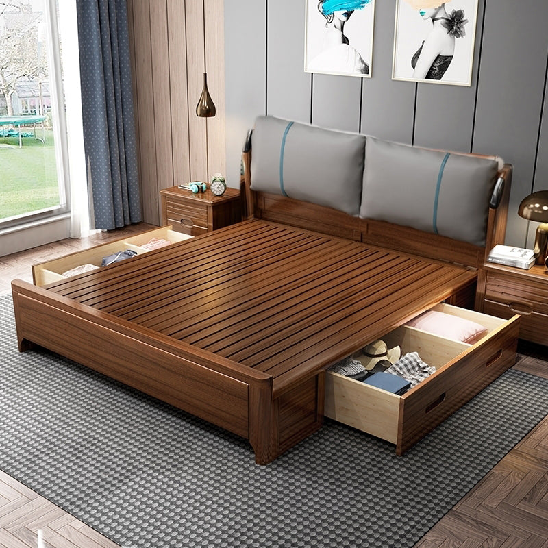 84.65 inch Wide Contemporary Bed Frame Walnut Bed with Headboard