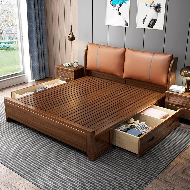 84.65 inch Wide Contemporary Bed Frame Walnut Bed with Headboard