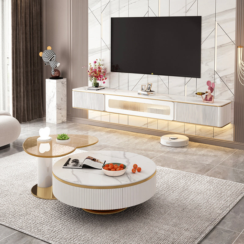 White Stone TV Stand Glam TV Media Stand with Storage for Living Room