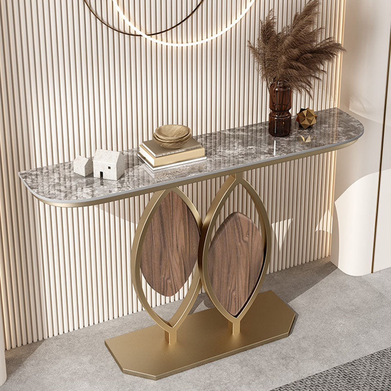 Glam Iron Console Sofa Table Half Moon Stone Console Accent Table for Hall