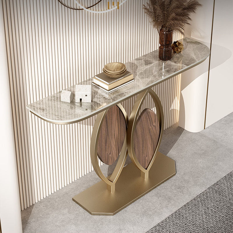 Glam Iron Console Sofa Table Half Moon Stone Console Accent Table for Hall