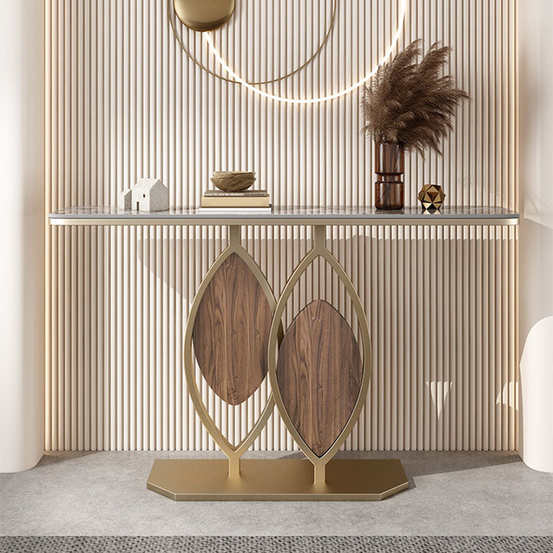 Glam Iron Console Sofa Table Half Moon Stone Console Accent Table for Hall