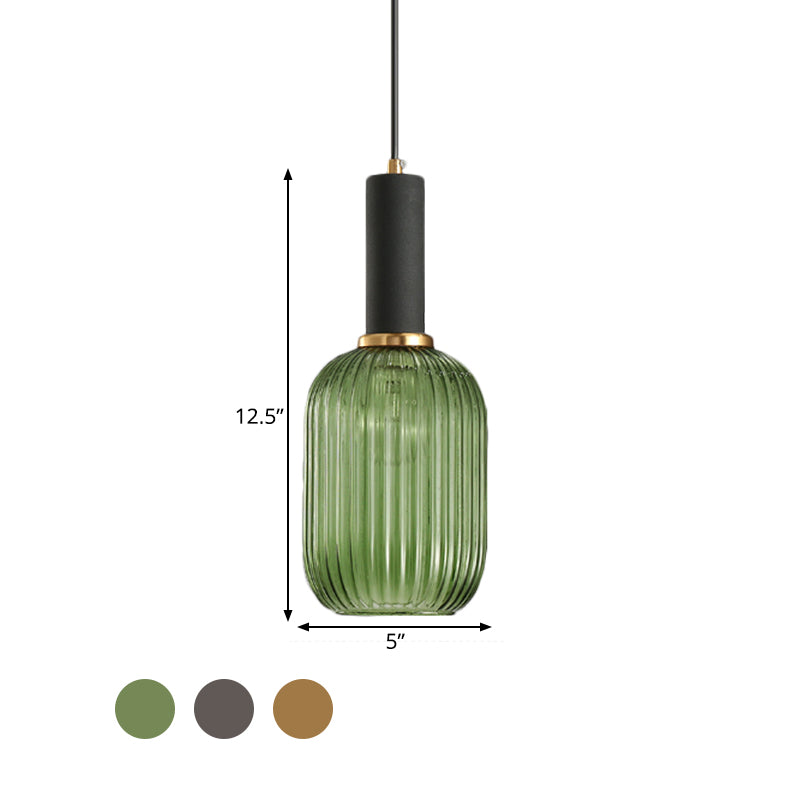 Black/Gold Cylinder/Oval/Capsule Pendant Lamp Modernist 1 Light Grey/Green/Amber Ribbed Glass Ceiling Light Fixture for Kitchen