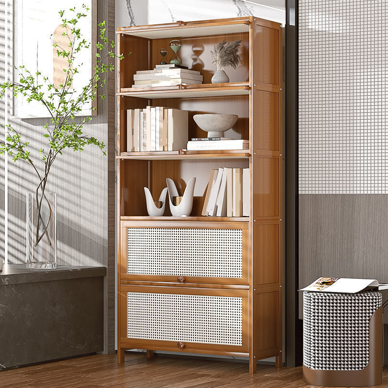 13" Wide Wooden Bookcase Bamboo Light Brown Bookshelf with Doors