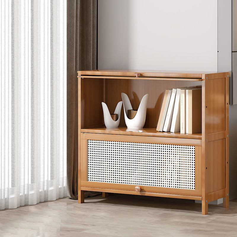 13" Wide Wooden Bookcase Bamboo Light Brown Bookshelf with Doors