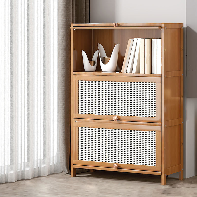 13" Wide Wooden Bookcase Bamboo Light Brown Bookshelf with Doors