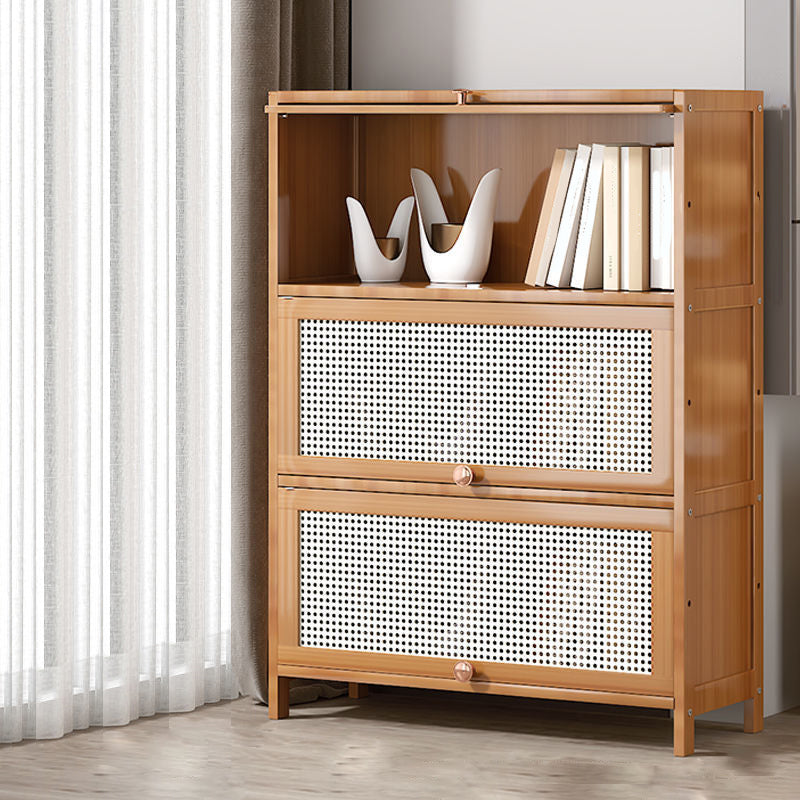 13" Wide Wooden Bookcase Bamboo Light Brown Bookshelf with Doors