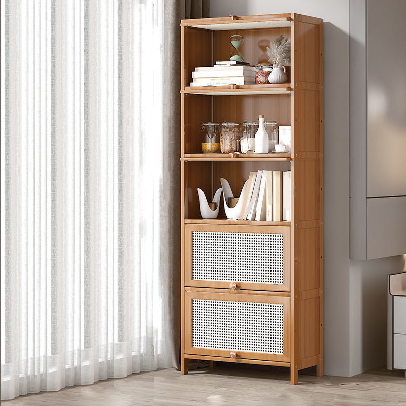 13" Wide Wooden Bookcase Bamboo Light Brown Bookshelf with Doors