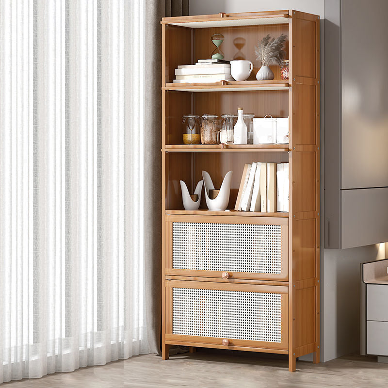 13" Wide Wooden Bookcase Bamboo Light Brown Bookshelf with Doors