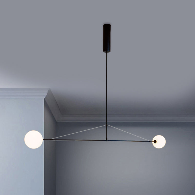 2 Heads Indoor Pendant Light Fixture with Global White Glass Shade Minimalist Black Chandelier Lamp