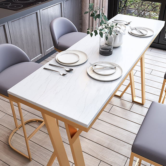 White Stone Bar Table Set 1/5 Pcs Gold Metal Base Bar Table and Stools