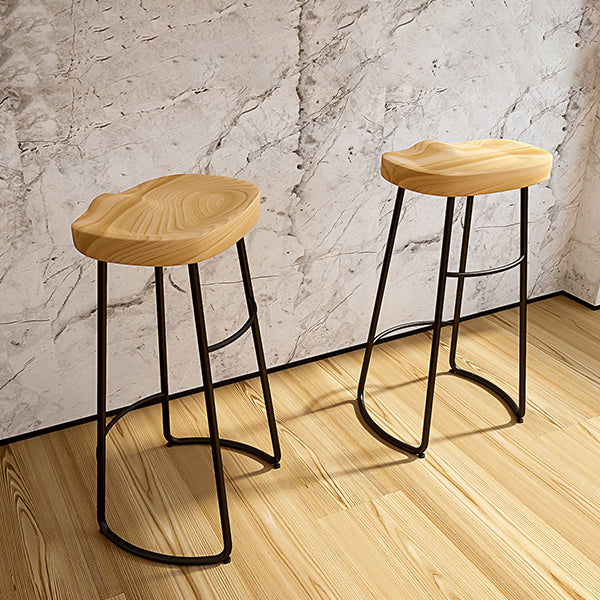Solid Wood Backless Bar Chair Industrial Armless Metal Legs Bar Stool