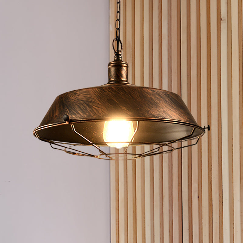 Iron Barn Hanging Light with Wire Guard Antique Style 10"/14"/18" Dia 1 Head Restaurant Pendant Light Fixture in Brass/Bronze/Black