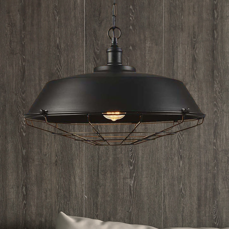 Iron Barn Hanging Light with Wire Guard Antique Style 10"/14"/18" Dia 1 Head Restaurant Pendant Light Fixture in Brass/Bronze/Black