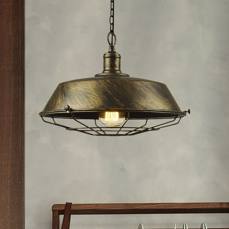 Iron Barn Hanging Light with Wire Guard Antique Style 10"/14"/18" Dia 1 Head Restaurant Pendant Light Fixture in Brass/Bronze/Black