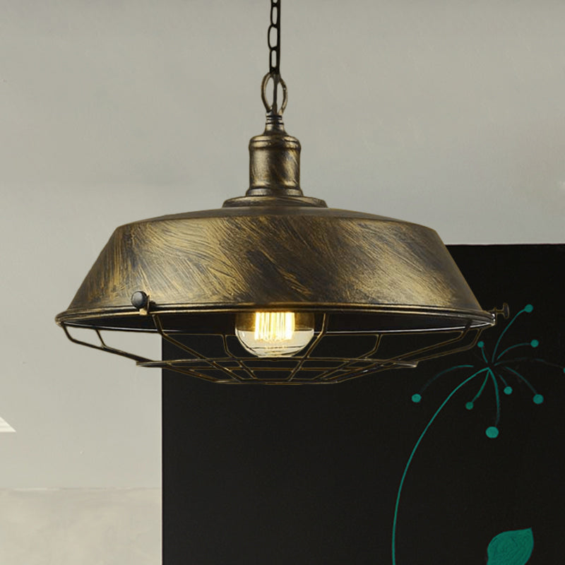 Iron Barn Hanging Light with Wire Guard Antique Style 10"/14"/18" Dia 1 Head Restaurant Pendant Light Fixture in Brass/Bronze/Black