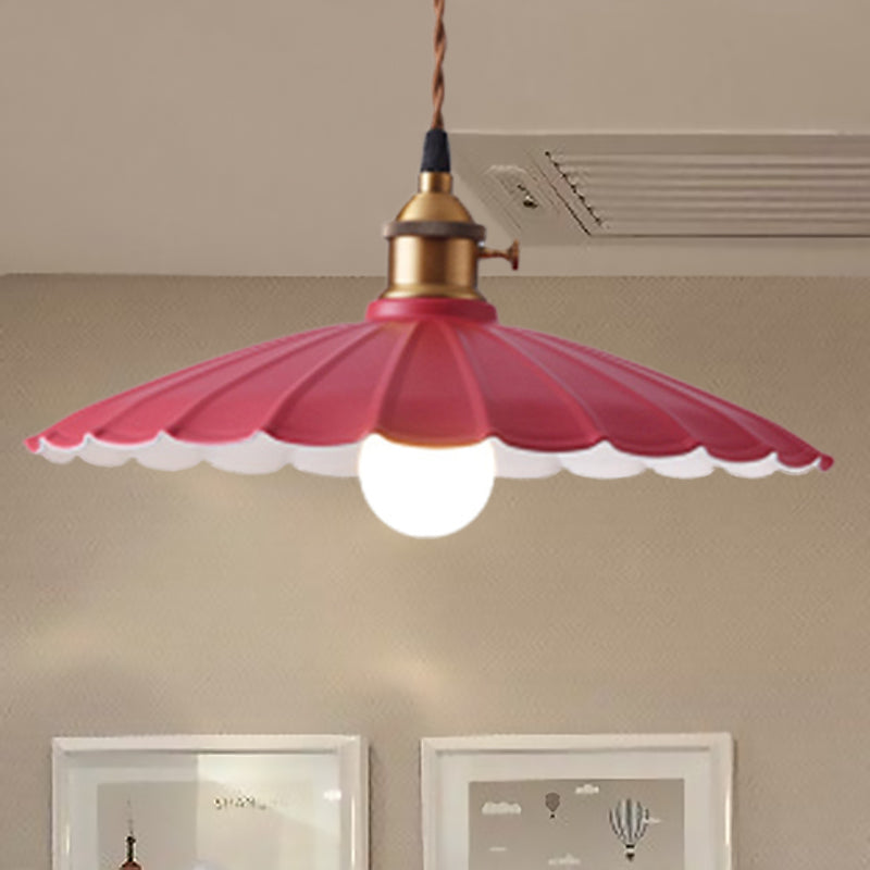 Industrial Retro Scalloped Hanging Light Fixture 10"/12" Dia 1 Bulb Iron Hanging Lamp in White/Red for Dining Room