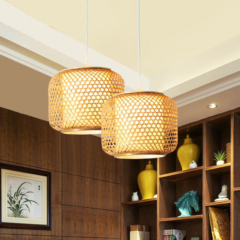 Weave Bucket Shade Hanging Pendant Light Rustic 1 Head Drop Light in Wood for Restaurant