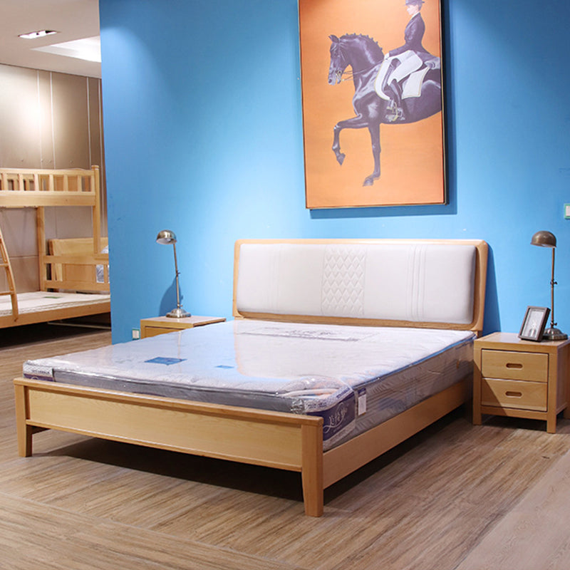 Mid-century Style Bed Frame Solid Wood Bed with Upholstered Headboard