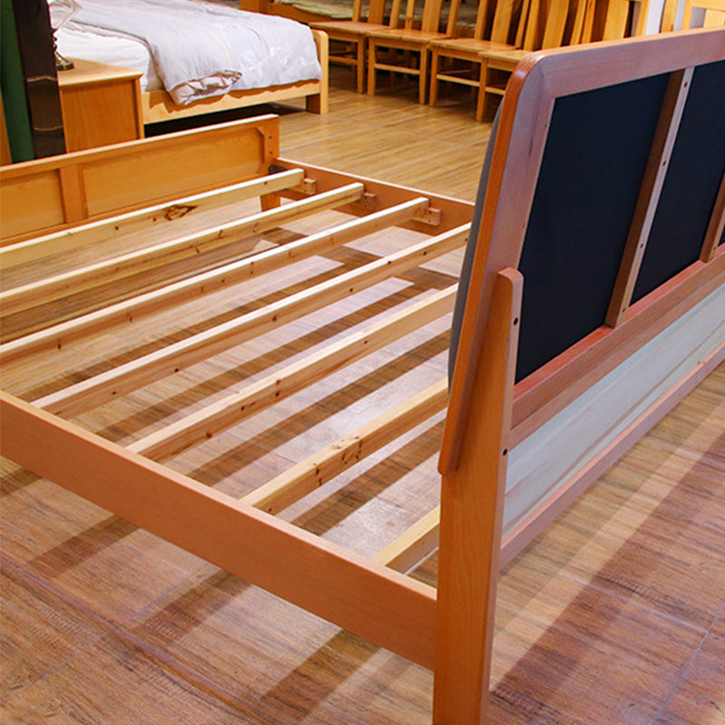 Mid-century Style Bed Frame Solid Wood Bed with Upholstered Headboard