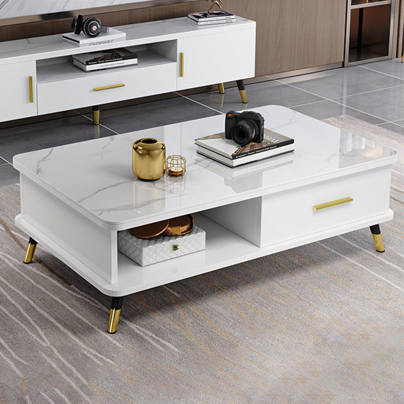 Modernism Rectangular Glass Top Coffee Table 1-Shelf 2-Drawer Cocktail Table