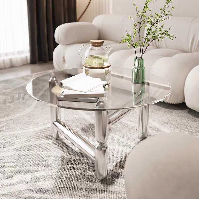 Round Glass Coffee Cocktail Table Steel 3 Legs 1 Single Coffee Table