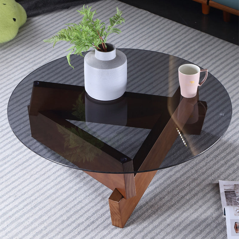 Round Glass-Topped Coffee Cocktail Table with Solid Wood Base