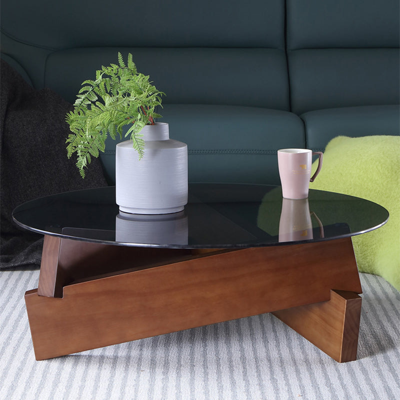 Round Glass-Topped Coffee Cocktail Table with Solid Wood Base