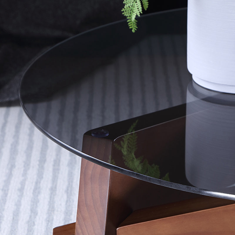 Round Glass-Topped Coffee Cocktail Table with Solid Wood Base