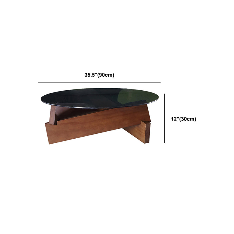 Round Glass-Topped Coffee Cocktail Table with Solid Wood Base