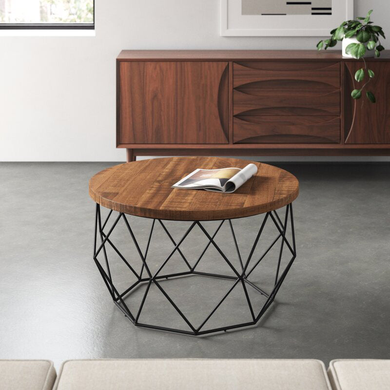 Round Solid Wood Coffee Table with Metal Frame Base Coffee in Brone