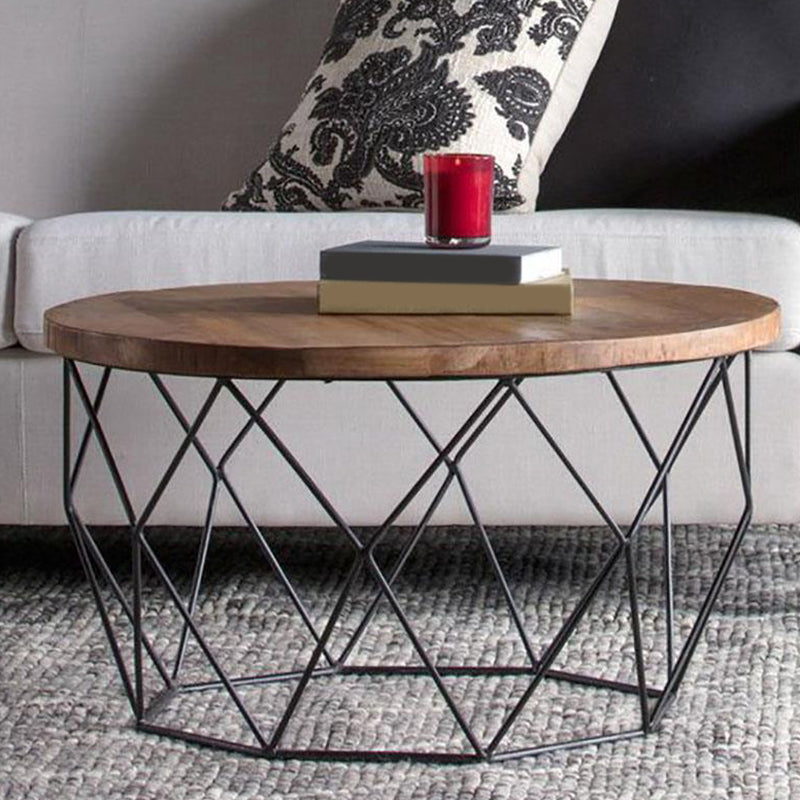 Round Solid Wood Coffee Table with Metal Frame Base Coffee in Brone