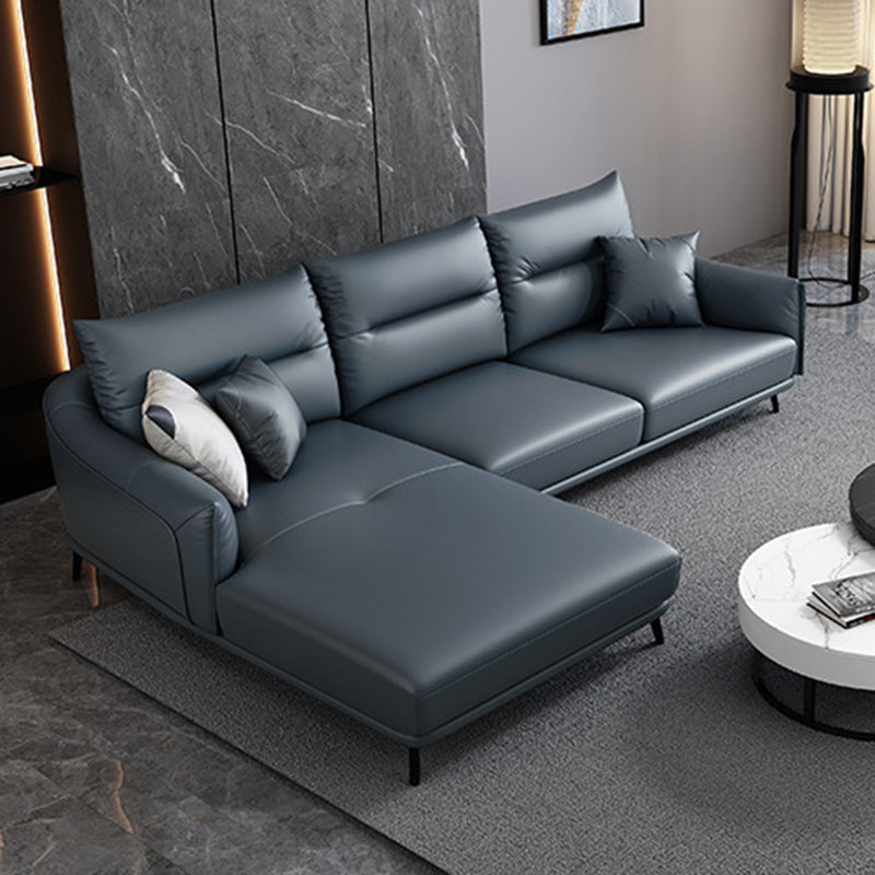 Blue Pillow Back Sectional Genuine Leather L-shape 3/4-Seat Sectional