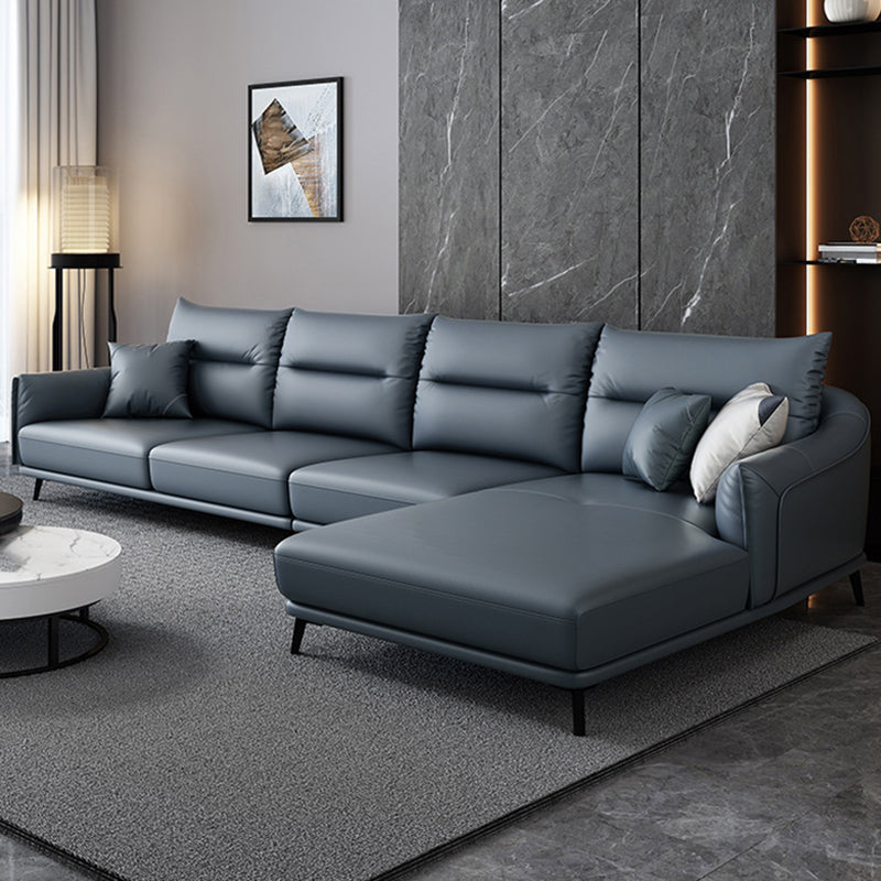 Blue Pillow Back Sectional Genuine Leather L-shape 3/4-Seat Sectional