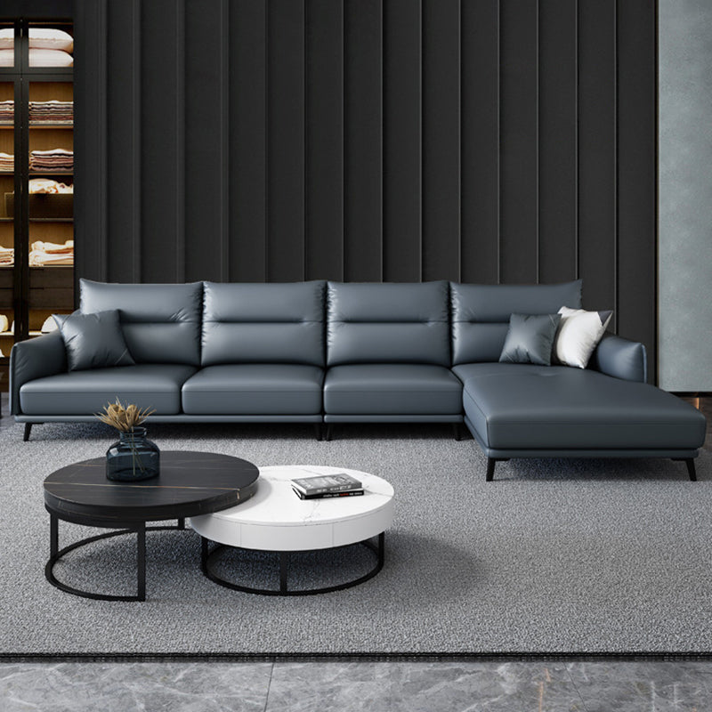 Blue Pillow Back Sectional Genuine Leather L-shape 3/4-Seat Sectional
